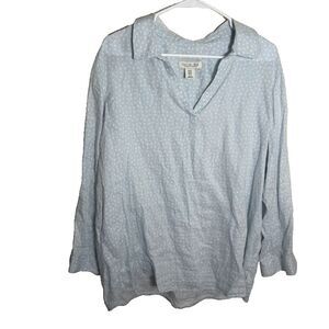 Rachel Zoe Shirt Women's 1X Blue Polka Dot 100% Linen 3/4 Sleeve Top Casual